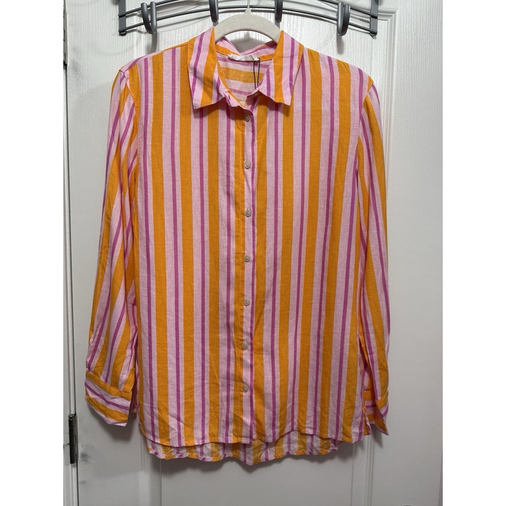 Primark Cares Blouse Linen Blend‎ Women's XS Pink Orange Striped Button Up Beach